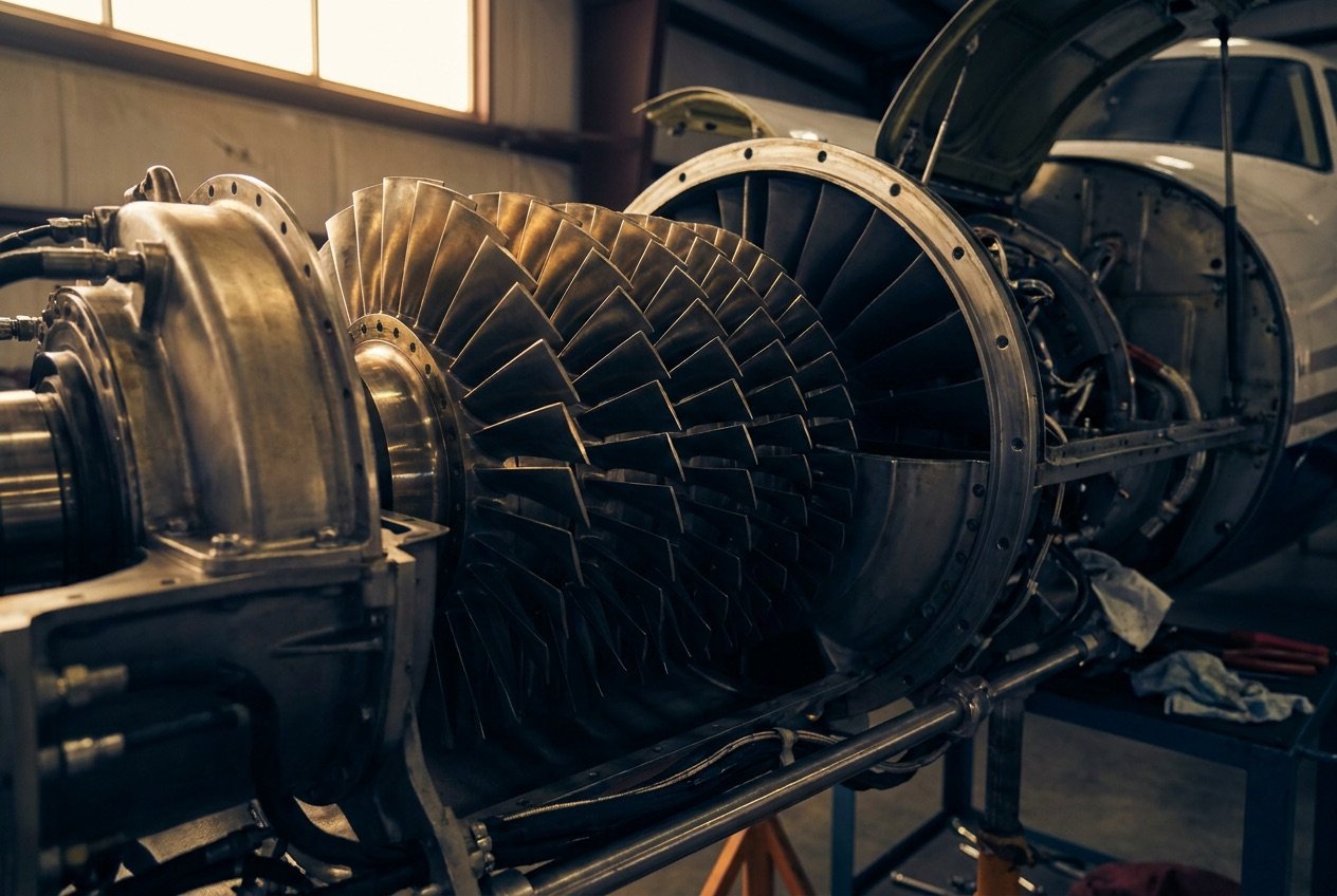 Turboprop compressor section with the cowling removed during maintenance